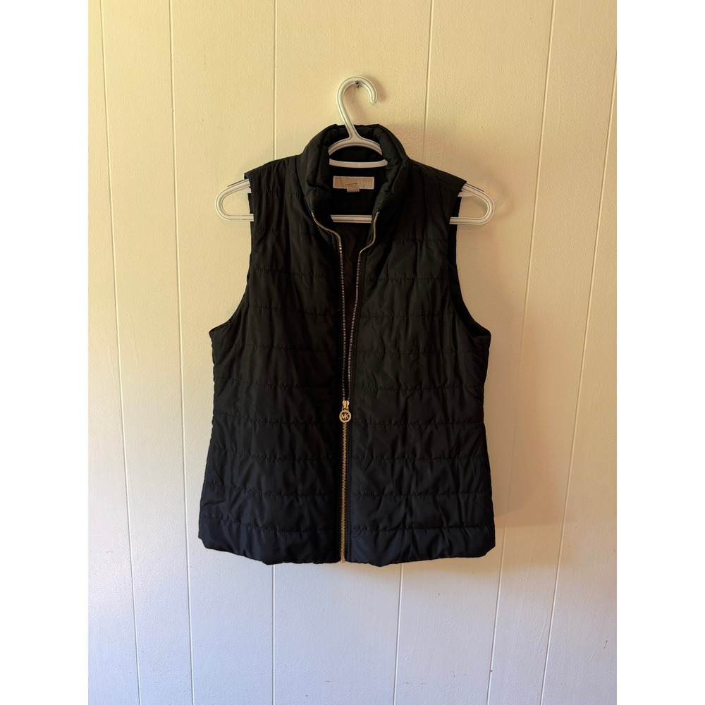 Michael Kors Womens Black Quilted Puffer Vest Gold Logo Zip Small